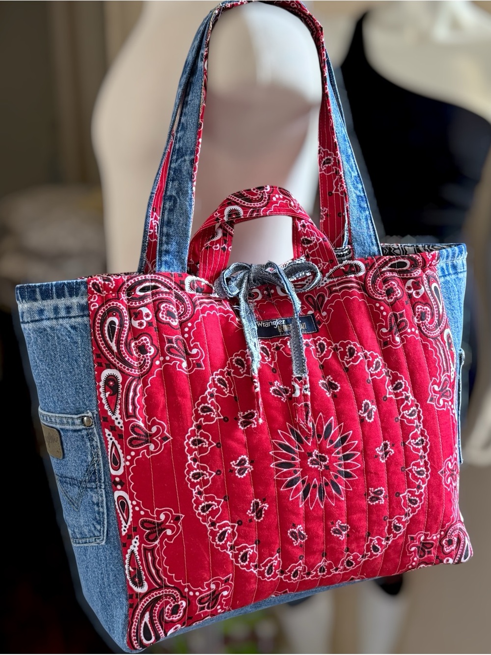 WHERE DID YOU GET THAT BAG Red Bandana Quilted HANDMADE with Denim Accents